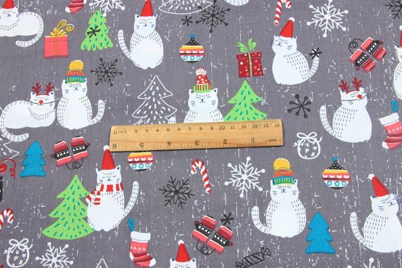 White Cat Christmas Gray! 1 Meter Medium Thickness Plain Cotton Fabric, Fabric by Yard, Yardage Cotton Fabrics for  Style Garments, Bags - fabrics-top