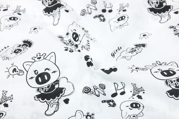 Happy Girls Pig BW! 1 Meter Very Light-Weight Thickness Plain Cotton Fabric, Fabric by Yard, Yardage Cotton Fabrics for  Style Garments - fabrics-top