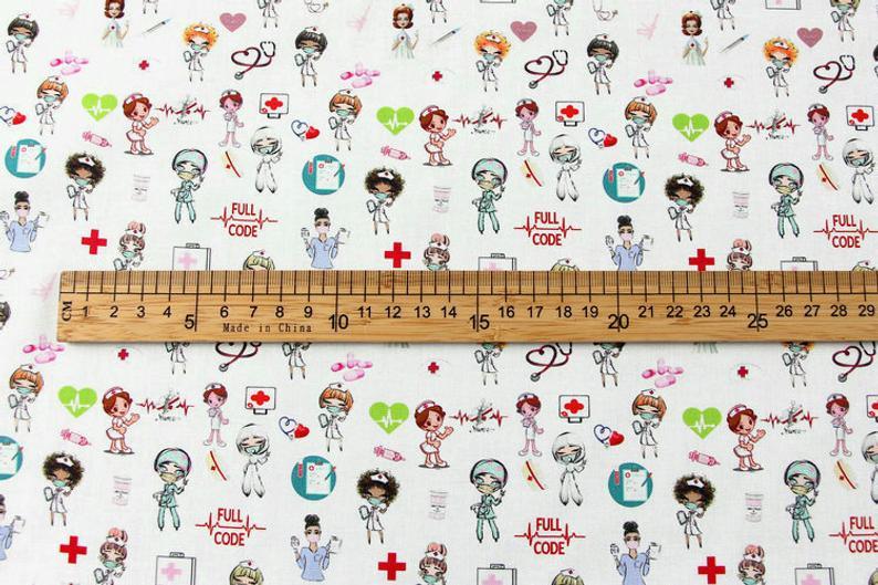 Nurse and Medical Theme 4 Prints ! 1 Meter Medium Weight Plain Cotton Fabric, Fabric by Yard, Yardage Cotton Fabrics Style Medical Mask Cap - fabrics-top