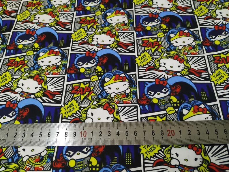 Hello Kitty Playing Super Heroines! 1 Meter Printed Cotton Fabric, Fabric by Yard, Yardage Cotton Bag Fabrics, Children Fabrics,  Japanese - fabrics-top