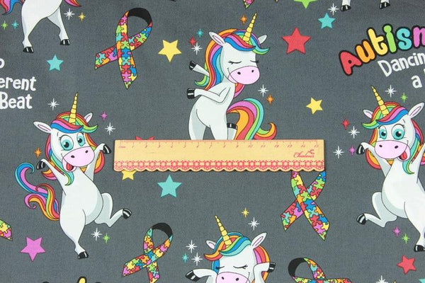 Autism, Dancing to a different beat Unicorn, Gray! 1 Meter Printed Cotton Fabric, Fabric by Yard, Yardage Fabrics, Children  Kids - fabrics-top