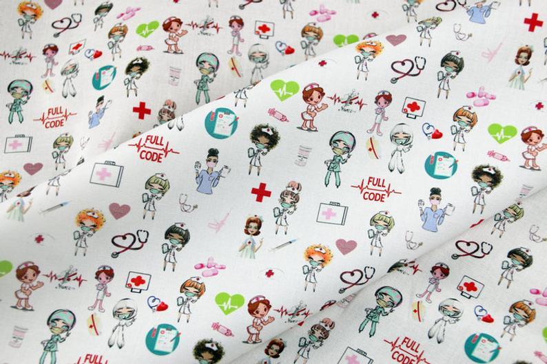 Nurse and Medical Theme 4 Prints ! 1 Meter Medium Weight Plain Cotton Fabric, Fabric by Yard, Yardage Cotton Fabrics Style Medical Mask Cap - fabrics-top