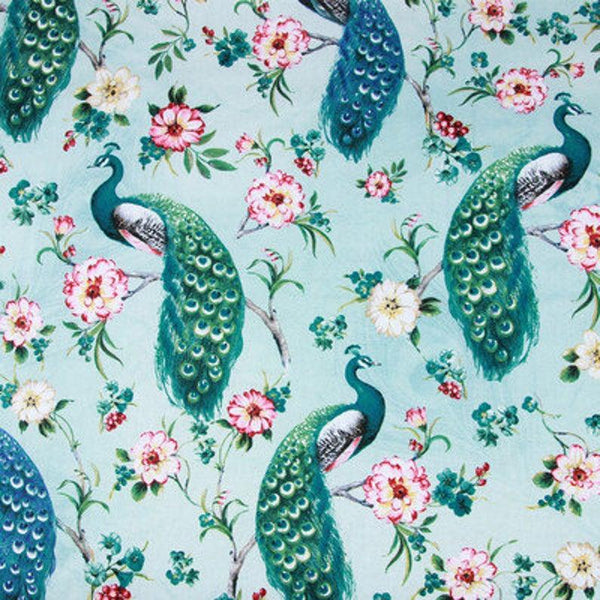 Peacock and Flowers! 1 Meters of Printed Plain Cotton Fabrics, Fabric by Yard, Yardage, Green Peacock, Bird, Textile - fabrics-top
