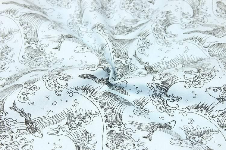 Fish in Swirls Wave! 1 Meter Quality Printed Cotton,  Fabrics by Yard, Fabric Yardage Floral Fabrics Japanese Style - fabrics-top