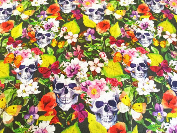 Skull and Flowers! 1 Meter Medium Thickness  Cotton Fabric, Fabric by Yard, Yardage Cotton Fabrics for  Style Garments, Bags