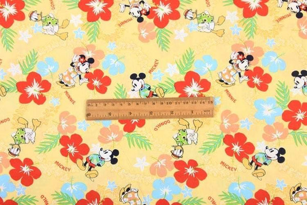 Mickey and Donald on Vacation yellow Hawaii! 1 Meter Medium Cotton Fabric, Fabric by Yard, Yardage Cotton Fabrics for  Style Garments, Bags - fabrics-top