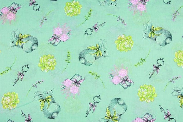 Bunny Green! 1 Meter Light Weight Thickness Cotton Fabric, Fabric by Yard, Yardage Cotton Fabrics for Style Clothes, Bags Rabbits Summer