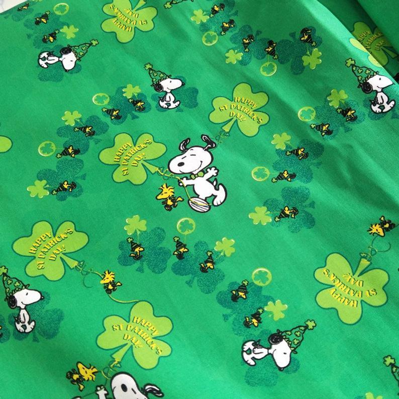 Lucky Snoopy with Shamrock Happy St Patrick's Day! 1 Meter Cotton Fabric, Fabric by Yard, Yardage Cotton Fabrics for  Style Garments, Bags - fabrics-top