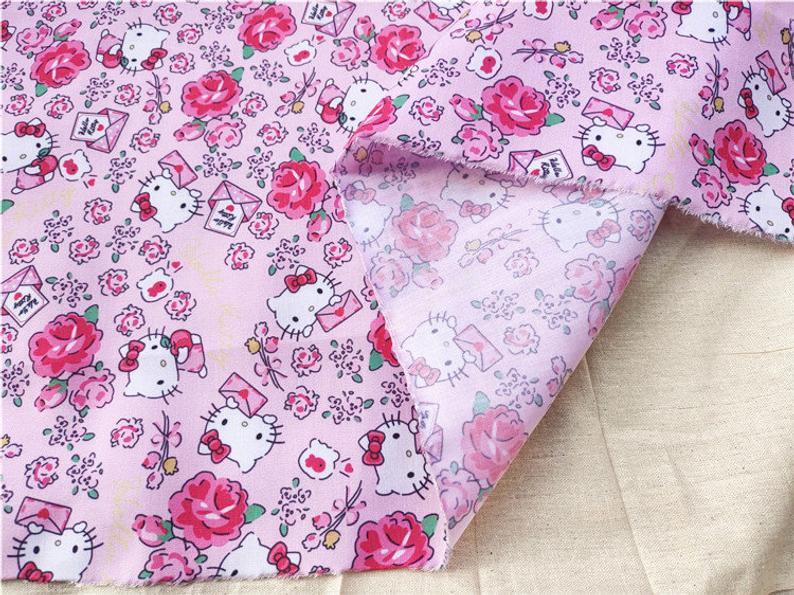 Hello Kitty Floral with Greeting Cards Pink! 1 Meter Polyester Fabric, Fabric by Yard, Yardage Cotton Fabrics Style Garments, Mask Fabrics - fabrics-top