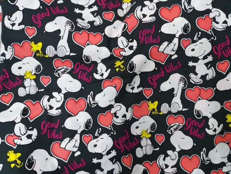 Good Vibes, Snoopy Red Hearts! 1 Meter Plain Cotton Fabric, Fabric by Yard, Yardage Cotton Fabrics for Style Garments, Bags