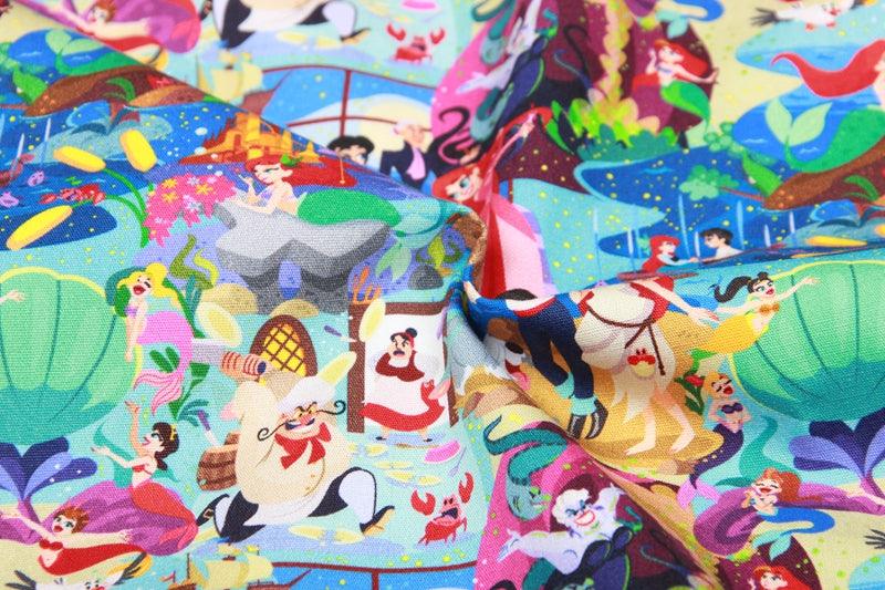 A Party for All Characters ! 1 meter of Quality Printed Cotton Fabrics by Yard, Fabric Yardage Comics Fabrics Draft Princess, Mermaid 202101 - fabrics-top