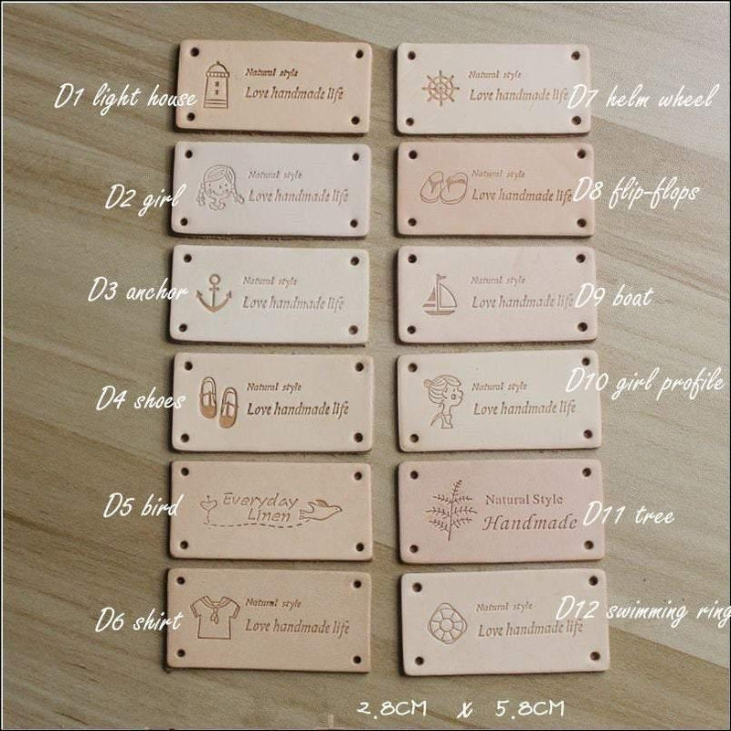 12 Pcs Cute  handmade  Label, Veg Tanned Leather Tags, Sewing Tags, Leather Labels, Handmade Logo, Hand Made Tag 57 models available 2 Sizes - fabrics-top