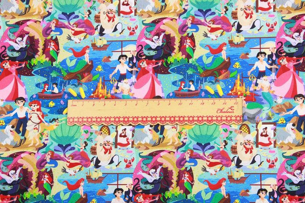 A Party for All Characters ! 1 meter of Quality Printed Cotton Fabrics by Yard, Fabric Yardage Comics Fabrics Draft Princess, Mermaid 202101 - fabrics-top