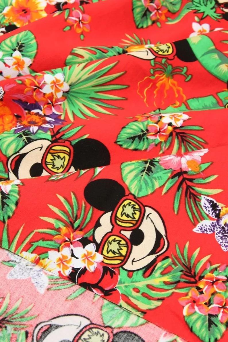 Mickey in Hawaii All Red! 1 Meter Medium Thickness  Cotton Fabric, Fabric by Yard, Yardage Cotton Fabrics for  Style Garments, Bags - fabrics-top