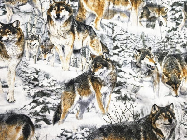 Real Wild Wolves in Snow! 1 meter of Printed Cotton Plain Fabric, Animals,  Wolf Snowy - fabrics-top