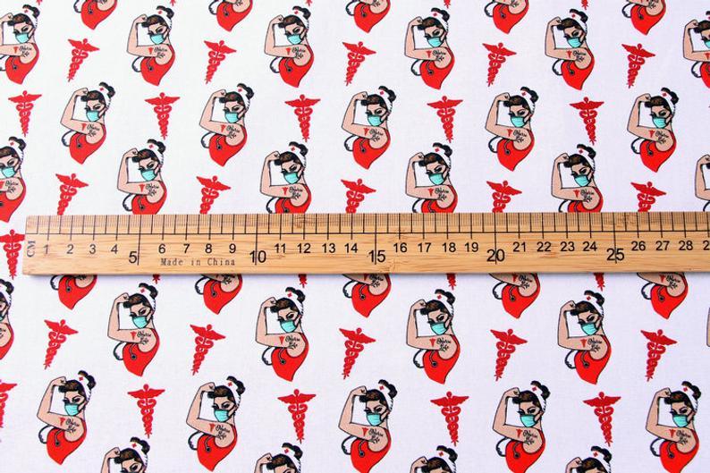 Nurse and Medical Theme 4 Prints ! 1 Meter Medium Weight Plain Cotton Fabric, Fabric by Yard, Yardage Cotton Fabrics Style Medical Mask Cap - fabrics-top