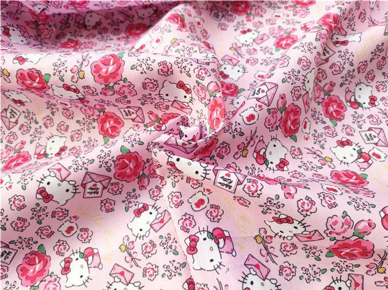 Hello Kitty Floral with Greeting Cards Pink! 1 Meter Polyester Fabric, Fabric by Yard, Yardage Cotton Fabrics Style Garments, Mask Fabrics - fabrics-top