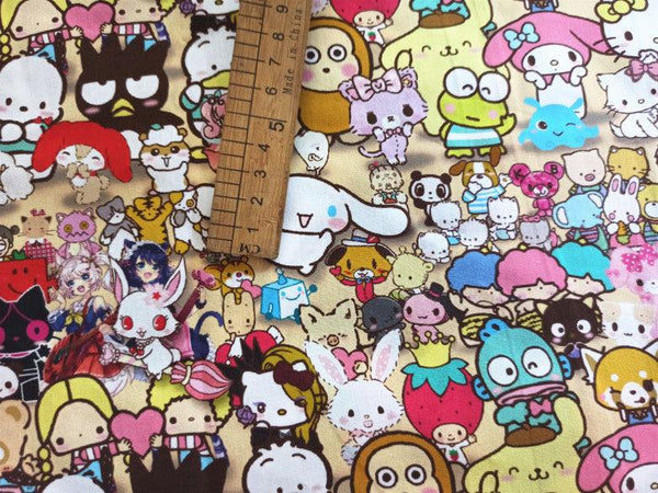 Hello Kitty and Friends with shadow! 1 Meter Printed Cotton Fabric, Fabric by Yard, Yardage Cotton Bag Fabrics, Children Fabrics, Kids, Japanese - fabrics-top