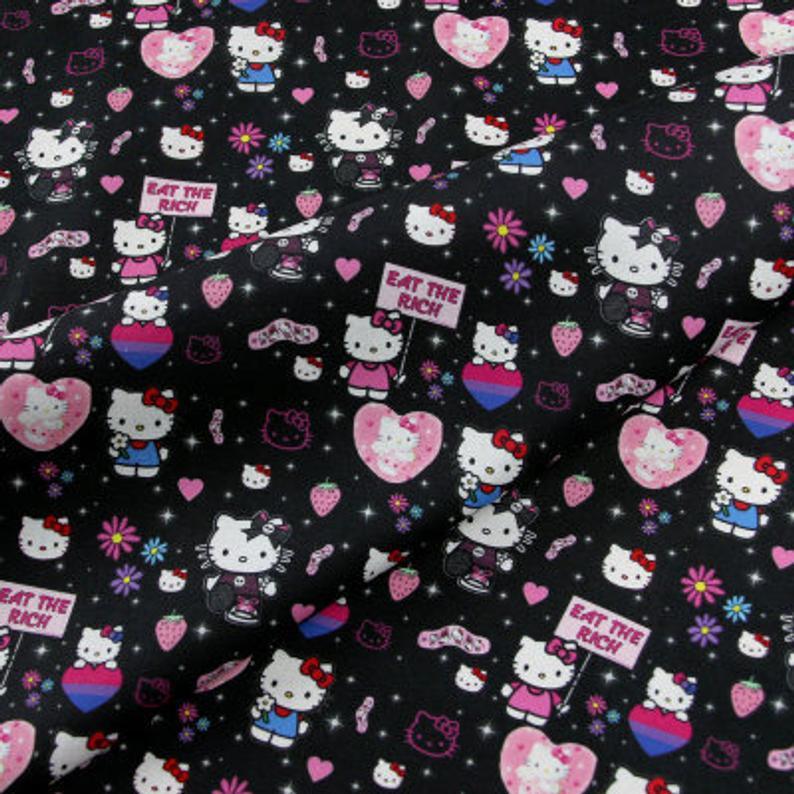 Eat the Rich  Hello Kitty ! 1 Meter Printed Cotton Fabric, Fabric by Yard, Yardage  Bag Fabrics, Children  Kids, Japanese - fabrics-top