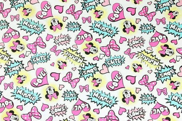 Minnie Love white! 1 Meter Stiff Cotton Twill Fabric, Fabric by Yard, Yardage Cotton Fabrics for Bags Style Mickey Mouse