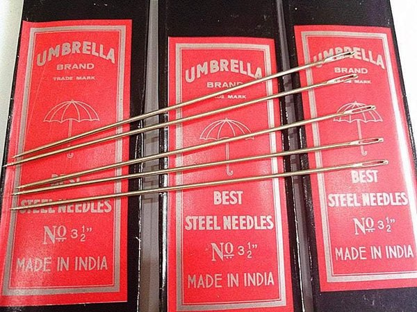 India Made Umbrella Sewing Needles, Super Long Needles, For Very Thick Stuff, 3.5'' inch,8.9cm length, 25 needles in each package - fabrics-top