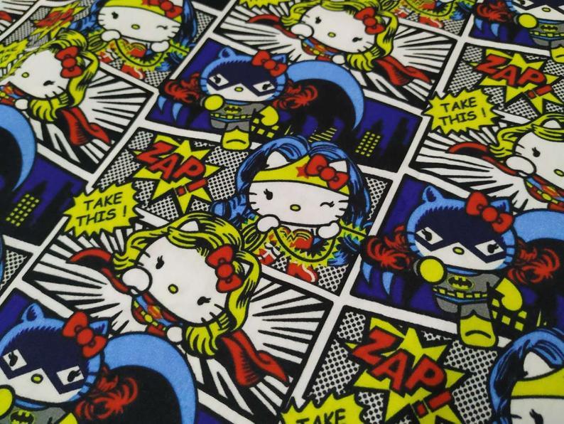 Hello Kitty Playing Super Heroines! 1 Meter Printed Cotton Fabric, Fabric by Yard, Yardage Cotton Bag Fabrics, Children Fabrics,  Japanese - fabrics-top