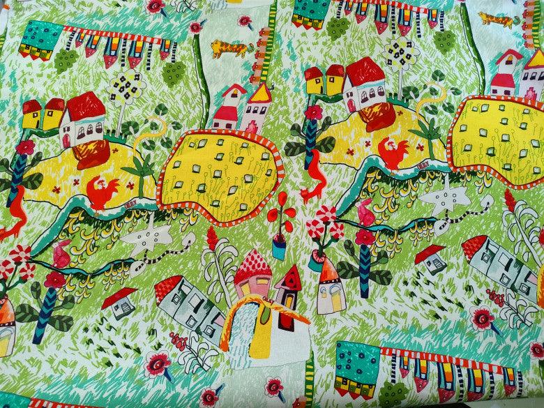 Children's Drawing Artwork green! 1 Meter Printed Cotton Fabric, Fabric by Yard, Yardage Fabrics, Children  Kids - fabrics-top