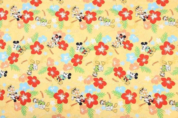 Mickey and Donald on Vacation yellow Hawaii! 1 Meter Medium Cotton Fabric, Fabric by Yard, Yardage Cotton Fabrics for  Style Garments, Bags