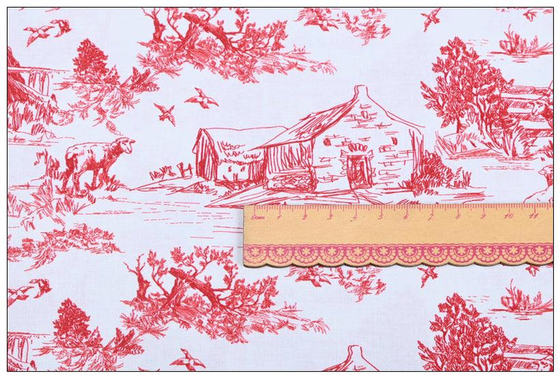 Sheep and Farm scenery Pastoral Print red ! 1 Meter Cotton Fabric, Fabric by Yard, Yardage Cotton Fabrics for Bags French Style - fabrics-top