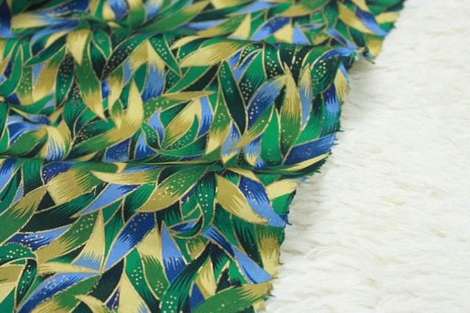 Green Leaves! 1 Meter Quality Printed Cotton, Bronzed Fabrics by Yard, Fabric Yardage Floral Fabrics Green Gold Style - fabrics-top