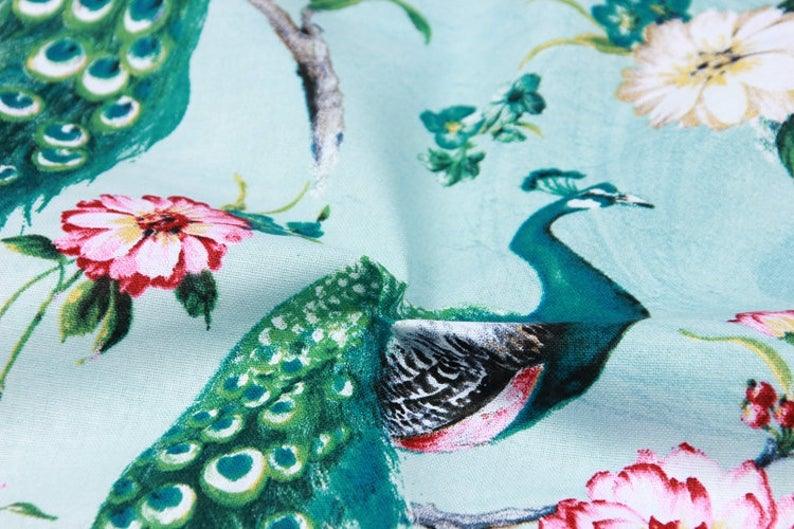 Peacock and Flowers! 1 Meters of Printed Plain Cotton Fabrics, Fabric by Yard, Yardage, Green Peacock, Bird, Textile - fabrics-top