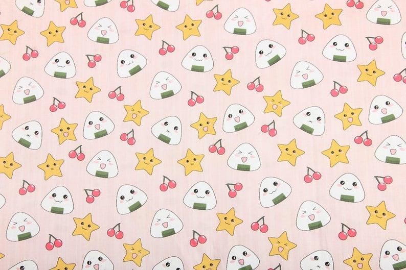 Onigiri (Japanese Rice Balls) おにぎり! 1 Meter Light Weight Cotton Fabric, Fabric by Yard, Yardage Cotton Fabrics for Style Clothes, Bags