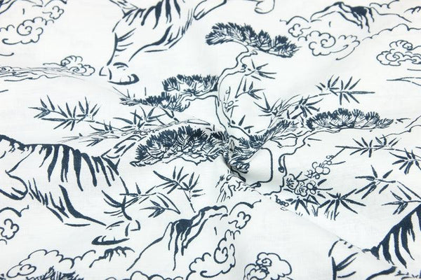 Japanese Style Tiger Drawing artpiece Black and White! 1 Meter Printed Cotton Fabric, Fabric by Yard, Yardage Fabrics, Children  Kids - fabrics-top