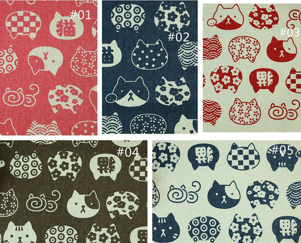 猫 ねこ Japanese Cats with Pattern 5 Colors! 1 Meter Medium Cotton-linen Fabric, Fabric by Yard, Yardage Cotton Fabrics Garments, Bags