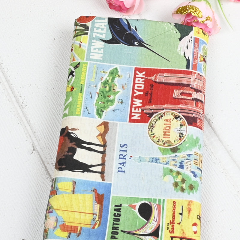 Bon Voyage Traveling American Retro Pictures ! Half Meter Medium Thickness Cotton-Linen Fabric, Fabric by Half Yard for Style Clothes, Bags