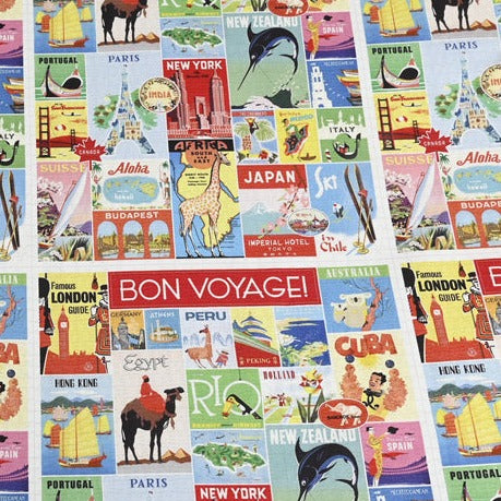 Bon Voyage Traveling American Retro Pictures ! Half Meter Medium Thickness Cotton-Linen Fabric, Fabric by Half Yard for Style Clothes, Bags