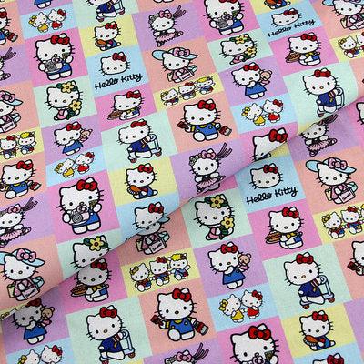 the Hello Kitty Pink Checks! 1 Meter Printed Cotton Fabric, Fabric by Yard, Yardage Cotton Bag Fabrics, Children Fabrics, Kids, Japanese