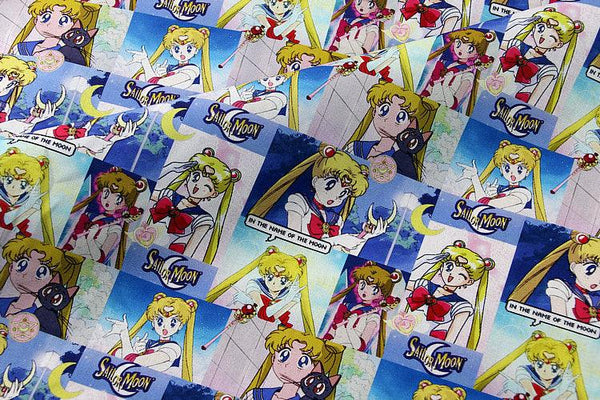 retro-anime Sailor Moon blue checks 美少女戦士セーラームーン! 1 Meter Medium Printed Cotton Fabric, Fabric by Yard, Yardage Cotton Bag Fabrics