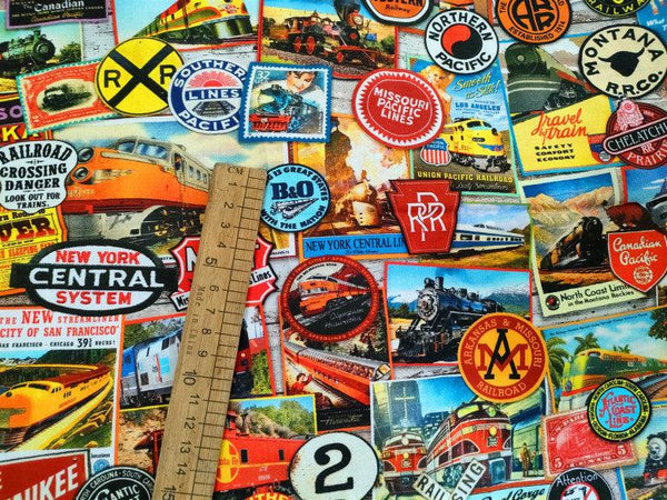 Retro American Trains logos ! 1 Meter Medium Thickness Plain Cotton Fabric, Fabric by Yard, Yardage Cotton Fabrics for  Style Garments, Bags - fabrics-top