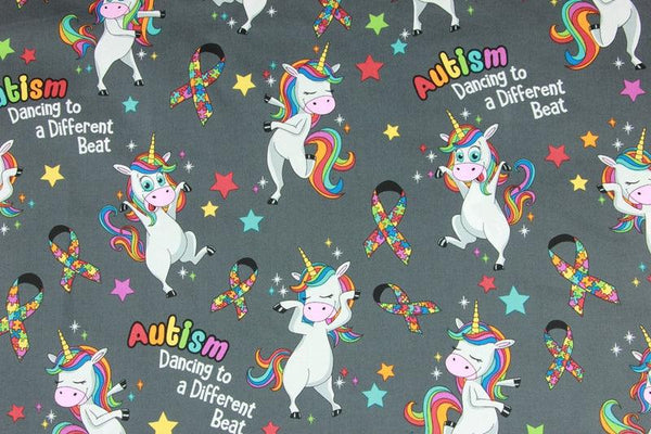 Autism, Dancing to a different beat Unicorn, Gray! 1 Meter Printed Cotton Fabric, Fabric by Yard, Yardage Fabrics, Children  Kids