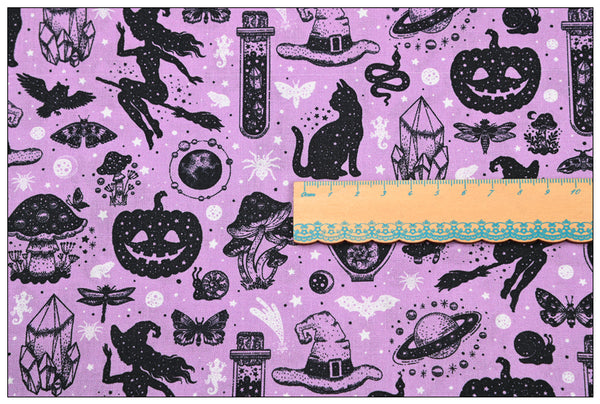Purple Halloween Themed Black Cat! 1 Yard Medium Thickness Plain Cotton Fabric, Fabric by Yard, Yardage Cotton Fabrics for Clothes Crafts