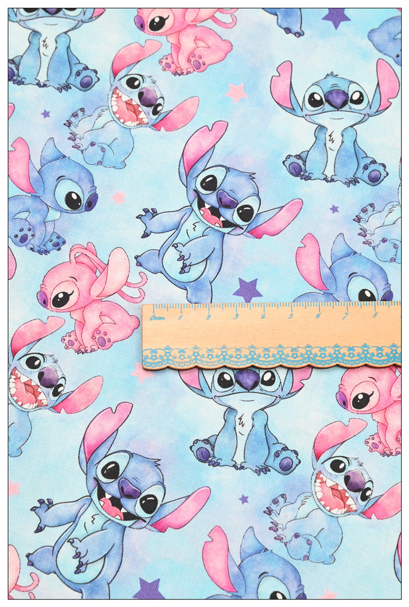 Stitch and Angle 4 prints Pink blue! 1 Yard Printed Cotton Fabric by Yard, Yardage Fabrics, Children  Kids 2103