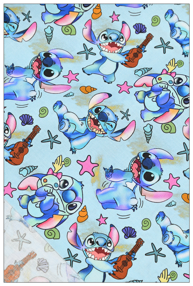 Stitch the Cartoon 4 prints blue! 1 Yard Printed Cotton Fabric by Yard, Yardage Fabrics, Children  Kids 2103