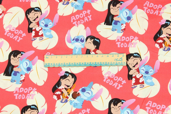 Adopt Today Stitch and Lilo pink! 1 yard Medium Thickness Cotton Fabric, Fabric by Yard, Yardage Cotton Fabrics Style Prints Lilo & Stitch