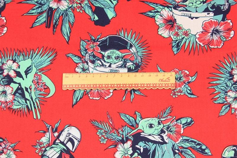 Yoda Star Wars with Flower Red ! 1 Meter Medium Thickness Cotton Fabric, Fabric by Yard, Yardage Cotton Fabrics for  Style Garments