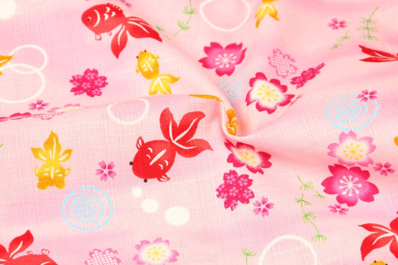 GoldFish and Sakura Cherry Flowers Japanese Style Retro Floral! 1 Meter Medium Summer Slub Cotton Floral Fabric by Yard, Yardage Cotton Fabrics Style Garments, Bags