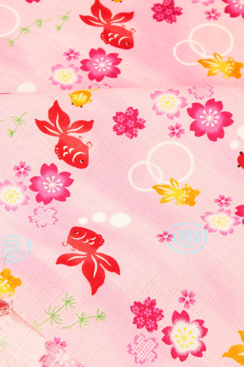 GoldFish and Sakura Cherry Flowers Japanese Style Retro Floral! 1 Meter Medium Summer Slub Cotton Floral Fabric by Yard, Yardage Cotton Fabrics Style Garments, Bags