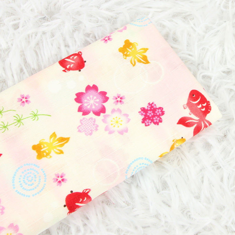 GoldFish and Sakura Cherry Flowers Japanese Style Retro Floral! 1 Meter Medium Summer Slub Cotton Floral Fabric by Yard, Yardage Cotton Fabrics Style Garments, Bags