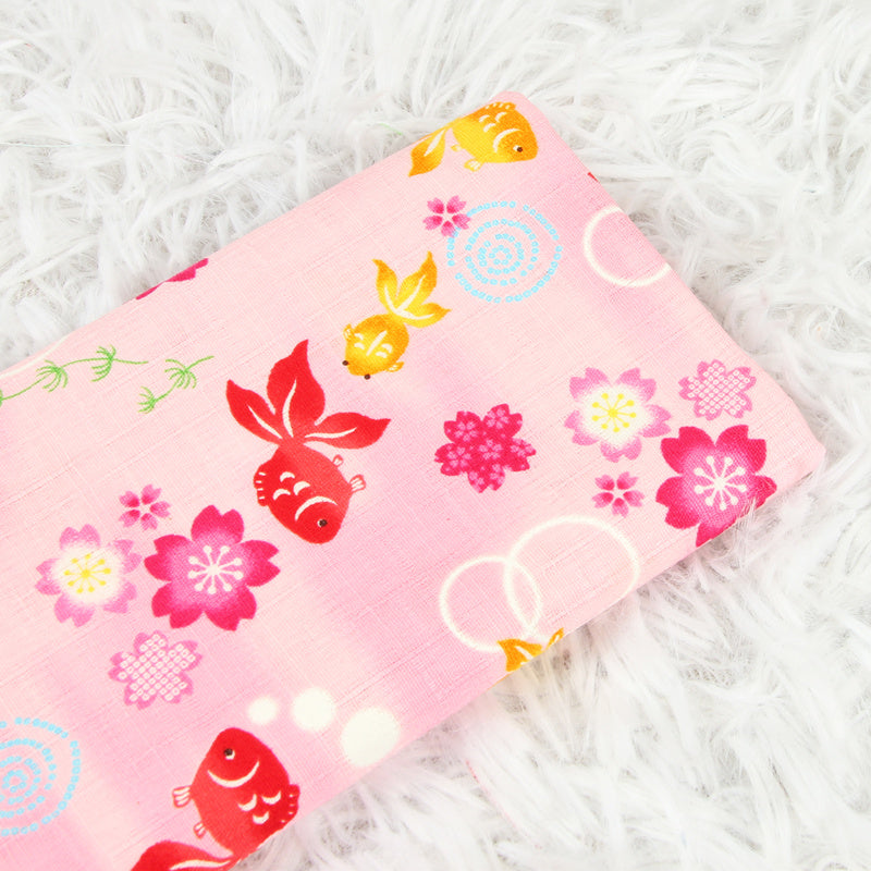 GoldFish and Sakura Cherry Flowers Japanese Style Retro Floral! 1 Meter Medium Summer Slub Cotton Floral Fabric by Yard, Yardage Cotton Fabrics Style Garments, Bags