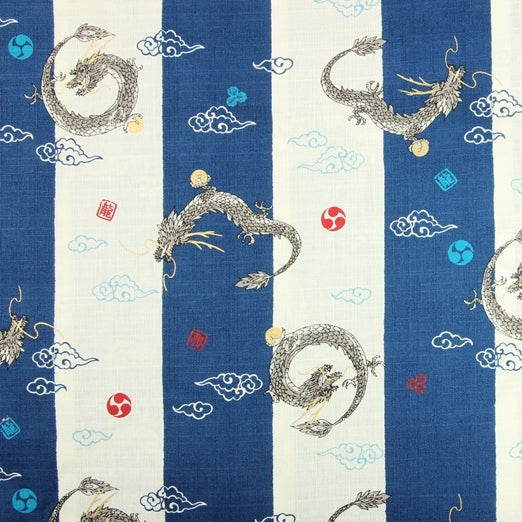 Dragon with Stripes Japanese Style Retro Pattern! 1 Meter Medium Summer Slub Cotton Floral Fabric by Yard, Yardage Cotton Fabrics Style Garments, Bags